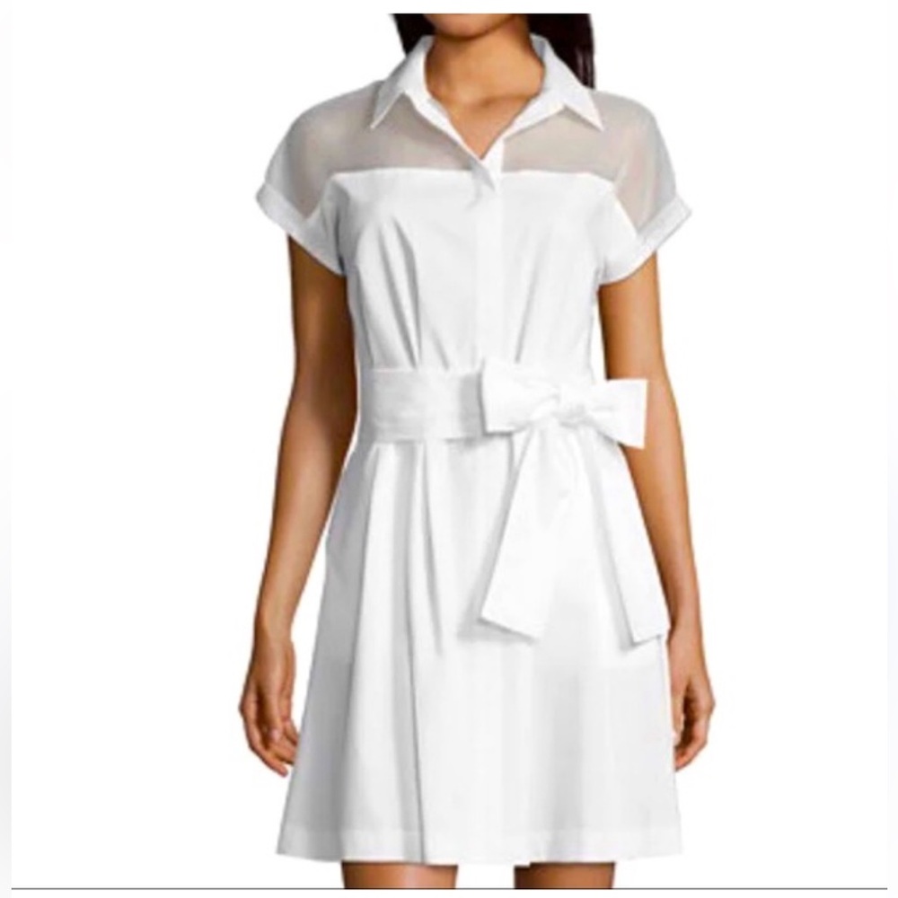 Worthington White Button Down Collar Sheer w Belt Knee Length Summer Dress